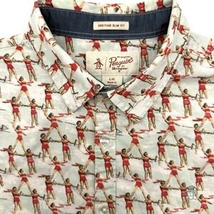 Penguin Mens Short Sleeve Heritage Slim Fit Large Water Ski Team AOP Cotton